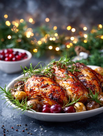 A beautifully roasted bird accented with sprigs of aromatic rosemary and vibrant cranberries, nestled among colorful roasted vegetables, glowing holiday lights in thの写真素材