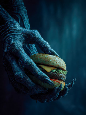 Sinister black claws grasp a juicy cheeseburger layered with crisp lettuce, ripe tomato, and a golden sesame bun, set against a deep, enigmatic blue backdrop.の写真素材