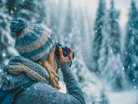 A woman wrapped in cozy knitwear explores a tranquil, snow-covered woodland, expertly capturing delicate snowfall among towering pines on a chilly winter day.の写真素材