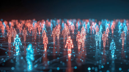 A vibrant scene of radiant humanoid silhouettes linked by shimmering data points, illustrating interconnectedness and information exchange in a cutting-edge digitalの写真素材