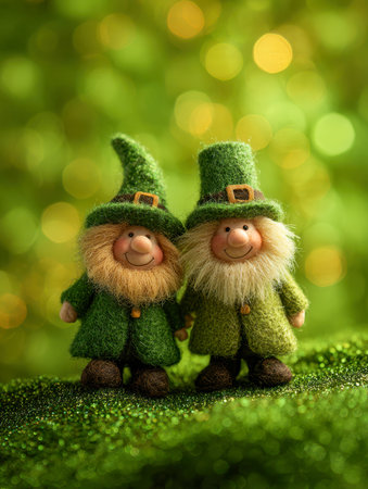 Brightly smiling woolen companions in vibrant forest hues, sporting charming beards and cozy hats, stand atop a shimmering emerald platform amid twinkling lights.の写真素材