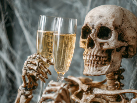 A skeletal figure raises two shimmering glasses amid a gritty gray backdrop, capturing a hauntingly festive moment perfect for eerie celebrations.の写真素材