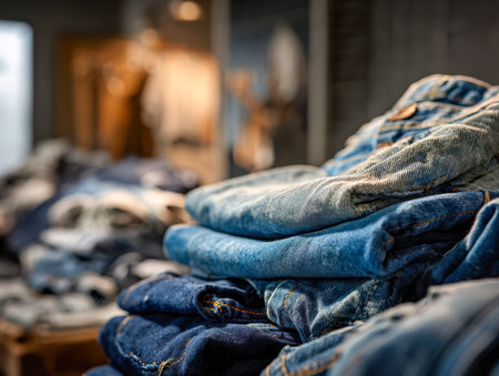 Gentle daylight bathes wooden shelves lined with neatly folded blue denim, emphasizing the varied textures and rich shades of each carefully stacked pair.の写真素材