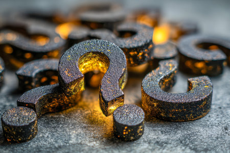 Shimmering metallic symbols with intricate surface patterns form a thoughtful arrangement against a raw concrete backdrop, evoking themes of wonder and exploration.の写真素材