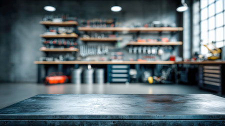 A well-lit workshop showcasing a sturdy metal work surface at the forefront, with neatly arranged tool racks behind, blending natural daylight and ceiling lamps.の写真素材