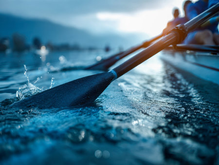 A single paddle moves through still lake waters at dawn, reflecting gentle sunlight against distant mountain silhouettes in a tranquil, scenic setting.の写真素材