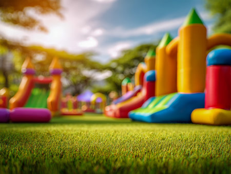 A lively outdoor scene featuring vivid inflatable structures, cheerful slides, and bouncing castles on lush grass, basking under a bright sun on a joyful day.の写真素材