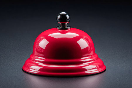 A vibrant crimson bell with a gleaming metallic cap rests on a sleek, dark tabletop, evoking themes of welcome, attentive service, and refined hospitality ambiance.の写真素材