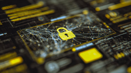 A luminous yellow lock embedded in a sleek digital matrix, symbolizing advanced security within a high-tech environment, against a dark, futuristic interface backdroの写真素材