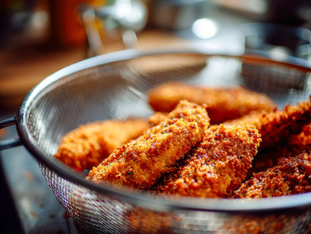 Juicy, golden-brown chicken tenders with a crunchy coating rest in a metal strainer, illuminated by soft natural light on a cozy kitchen surface.の写真素材