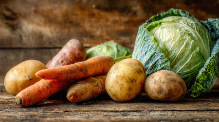 Vibrant carrots, earthy potatoes, and lush cabbage showcased on a weathered wooden base, illuminated by gentle warm light, evoking wholesome farm-fresh appeal.の写真素材