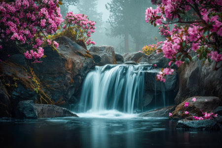 A gentle cascade flows over mossy stones amid blooming pink petals and verdant foliage, mirrored in still waters within a misty, peaceful woodland sanctuary.の写真素材