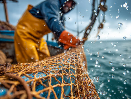 A rugged fisherman, clad in durable waterproof gloves, ree pulls a freshly soaked net aboard a boat amid ocean spray and overcast skies, capturing maritime resiliencyの写真素材