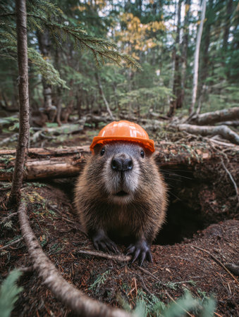 A vigilant beaver, donning a vivid orange helmet, surveys its woodland home amidst tangled branches and thick foliage, embodied nature's curious engineer.の写真素材