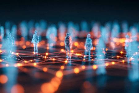 A vibrant digital scene featuring diverse human silhouettes linked across an illuminated web of orange points, illustrating global interaction and digital bonds.の写真素材