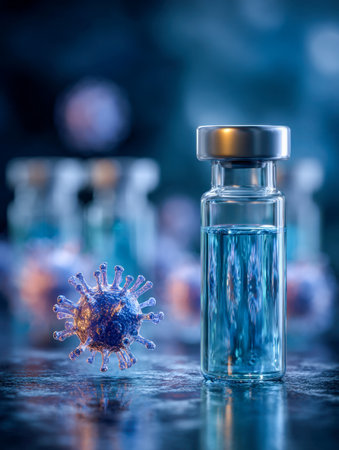 A laboratory scene featuring a container filled with vibrant blue vaccine solution positioned next to a digital 3d virus illustration, symbolizing advancements in diの写真素材