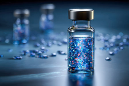 A luminous glass vessel radiates vibrant blue and crimson hues, casting reflections on a sleek surface amidst softly blurred counterparts in the backdrop.の写真素材