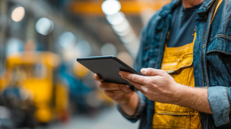 A focused worker in a denim jacket and vibrant yellow overalls interacts with a digital tablet amid a bustling factory setting, with machinery and activity softly blの写真素材