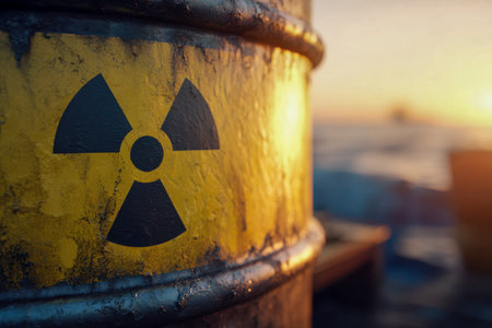 A weathered, reddish-brown container marked with a cautionary insignia glows softly under the golden hues of sunset, set against a distant, indistinct industrial lanの写真素材