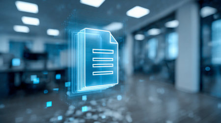 A sleek digital icon hovers amid a contemporary office setting, symbolizing effortless data organization and advanced cloud-based storage capabilities.の写真素材