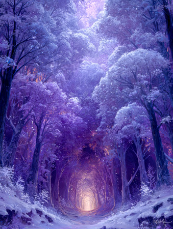 A mystical trail illuminated by shimmering purple and blue tones, framed by tall snow-dusted trees adorned with twinkling lights, evoking an enchanted winter realm.の写真素材