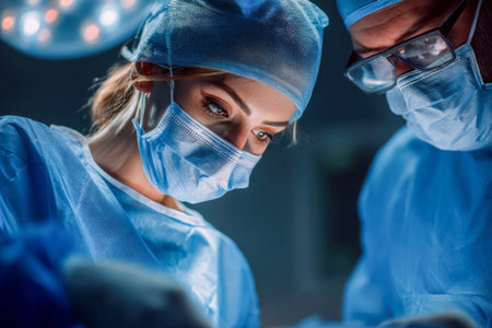 A team of dedicated surgeons meticulously works in a brightly illuminated or, their concentration evident as they handle a precise and critical procedure.の写真素材