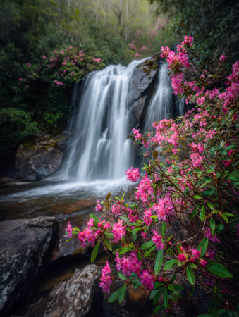 A serene woodland vista with a gentle waterfall flowing through blooming pink wildflowers and dense green leaves, shrouded in soft mist on a peaceful morning.の写真素材