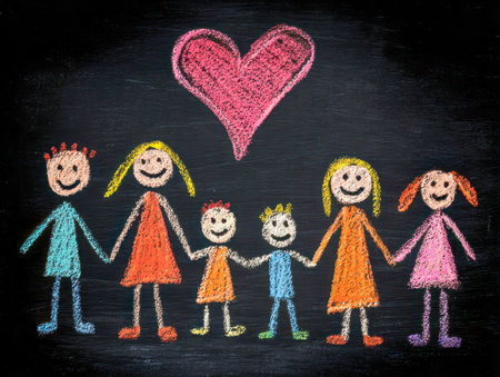 Vibrant chalk art depicts a joyful family united with linked hands beneath a giant heart, symbolizing strong bonds, affection, and unity on a blackboard canvas.の写真素材