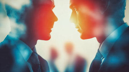 Two professionals engage in a heated debate behind a glass pane, illuminated by vibrant reflections and a busy, out-of-focus cityscape behind them.の写真素材