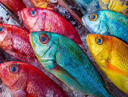 A lively market scene features an array of vividly hued tropical fish arranged on a bed of crushed ice, their shimmering scales and bright eyes highlighting freshnesの写真素材