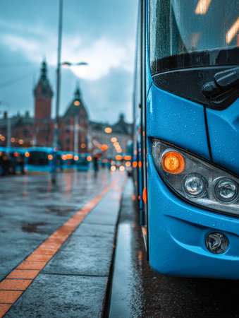 A sleek blue bus rests at the curb on a damp street, its luminous signal contrasting against a moody...