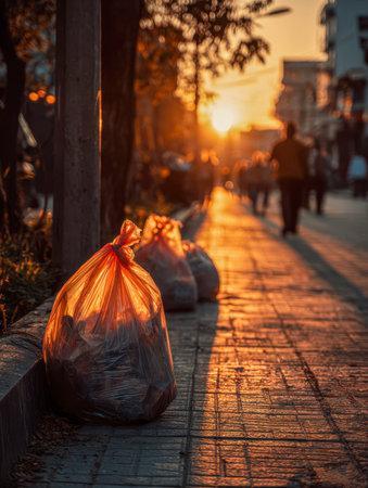 Sunlit plastic bags line the city edge, their surfaces glowing with the soft amber hue of sunset, as...