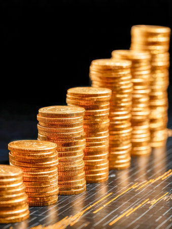 A visual representation of financial success, featuring neatly aligned gold coin stacks escalating...