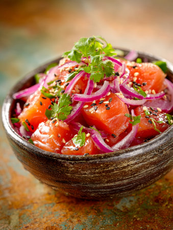 A colorful, handcrafted ceramic bowl holds tender salmon cubes topped with thin red onion slices,...