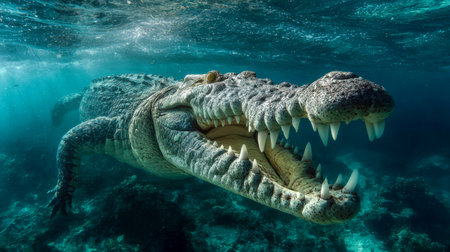 A formidable crocodile glides beneath the surface, its powerful jaws agape to showcase razor-sharp teeth against vibrant blue waters brimming with sunlight.の写真素材