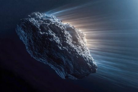 A vivid 3d depiction of a luminous cosmic visitor racing through the void, its icy-core and rugged...