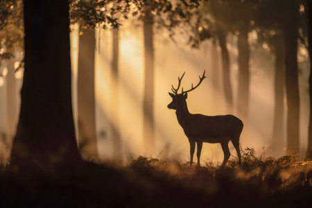 A regal stag with towering antlers stands quietly amid a peaceful woodland bathed in warm, fading light, with gentle mist weaving through towering trees.の写真素材