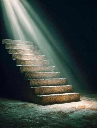 A rugged stone staircase rises into an enigmatic void, bathed in shimmering cosmic beams that symbolize guidance and awakening within an otherworldly realm.の写真素材