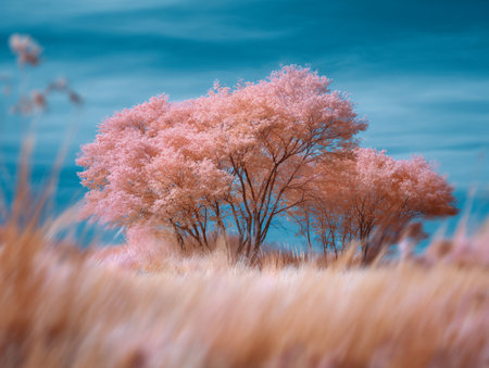 Amidst a tranquil meadow, gentle pink flowers adorn slender branches beneath a crisp azure sky, while tender golden grasses sway softly in the breeze.の写真素材