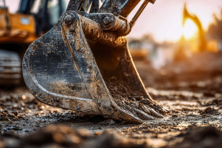 A heavy-duty excavator arm with a rugged bucket scoops earth from damp ground under golden evening...