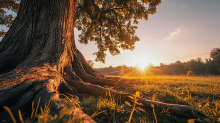 An ancient, grand tree with extensive roots bathed in gentle sunrise glow, standing serenely amid a tranquil meadow bordered by a distant woodland and tender sky tonの写真素材