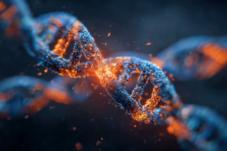 A luminous, twisting helix composed of vivid blue and orange spheres against a dark backdrop, illustrating the intricate complexity of genetic architecture.の写真素材