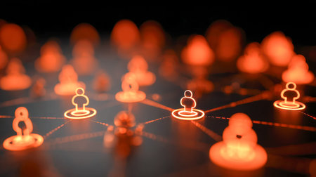 Vibrant orange silhouettes linked by luminous network threads unite in a sleek, dark setting,...