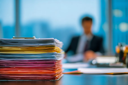 A vivid array of files and papers sprawls across a desk, capturing the chaos of a busy workday, with...