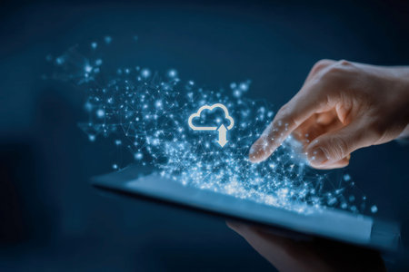 A person engages with a sleek digital device amid luminous web patterns and an upward cloud symbol,...