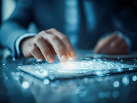 A professional in a sleek modern office engages with a luminous holographic display, exploring...