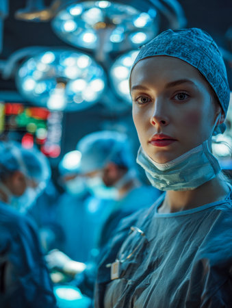 A dedicated female surgeon, attired in sterile gear, concentrates intently as her team collaborates under intense surgical lighting in a pristine hospital theater.の写真素材