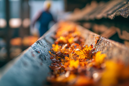 Warm sunlight highlights orange and brown foliage on a worn gutter, with a blurred figure and cityscape evoking peaceful autumn moments amid urban life.の写真素材