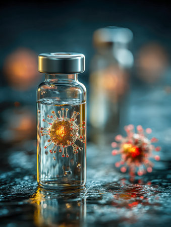 A clear glass container with a luminous virus icon, set on a reflective surface, flanked by a second vial and faint pathogen imagery in the soft-focused background.の写真素材