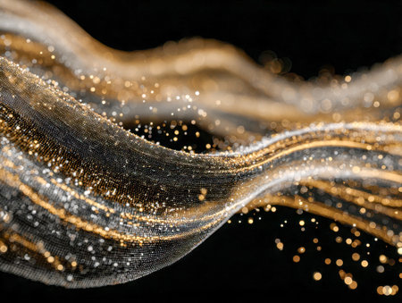 A sleek cascade of shimmering gold and silver particles gracefully swirls across a deep black canvas, evoking a sense of futuristic energy and sophisticated motion.の写真素材